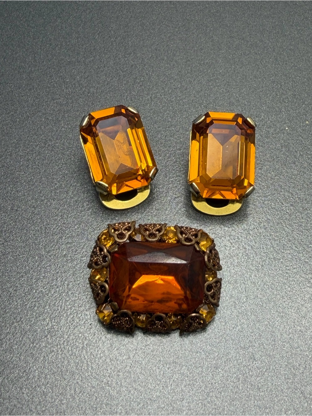 Vintage Amber Glass Statement Brooch and Clip-On Earrings Set